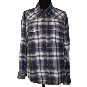Jachs Girlfriend Bea Blue Plaid Pearl Snap Long Sleeve Sz Small